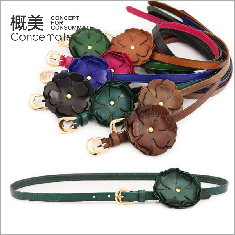 Handmade flower decoration genuine leather thin belt tieclasps women's genuine leather strap c498