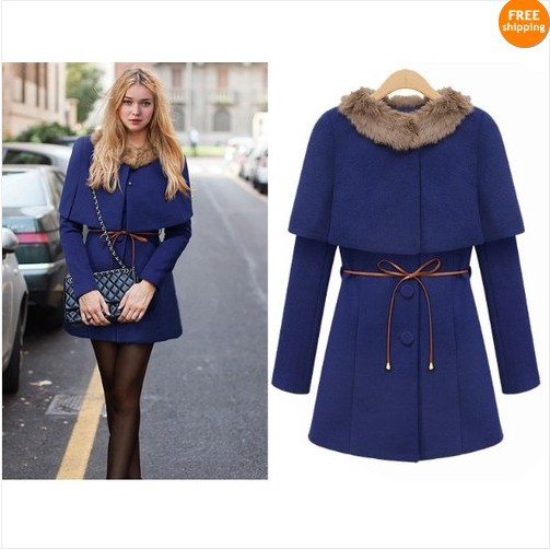 Handmade Woman's Double breasted Cape Cloak Slim Trench Outwear Jacket Wool Coat