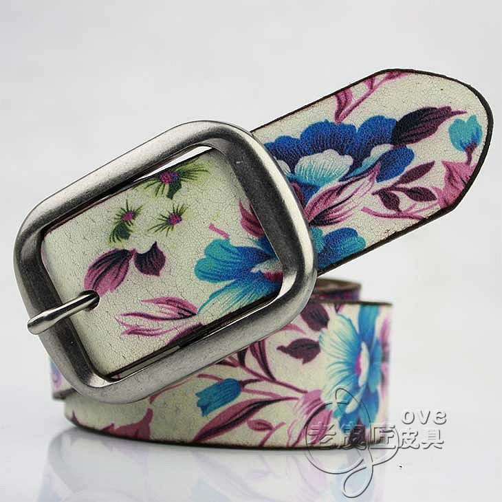 Handmade women's strap doodle print genuine leather 100% leather wide belt fashion punk crack