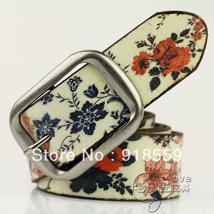 Handmade women's strap print doodle genuine leather 100% leather wide belt fashion punk crack