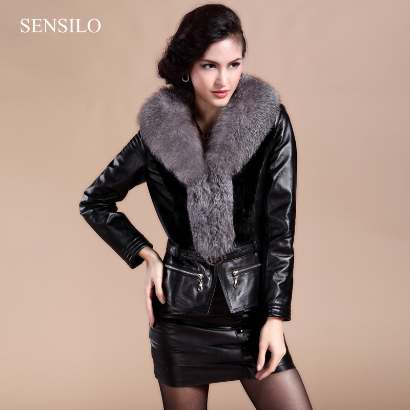 Handsome 2013 new arrival women's genuine leather sheepskin jacket fight mink fur coat with big fox fur neckline waist belt coat