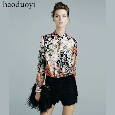 Haoduoyi2012 fashion vintage silky flowers women's long-sleeve shirt 5 full