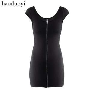 Haoduoyi2012 front fly long zipper decoration black high-elastic one-piece dress hm  Size : XS~XXL