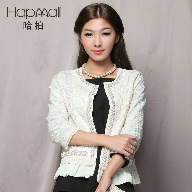 Hapmall 2013 new arrival ladies gentlewomen organza embroidery pearl bordered short jacket