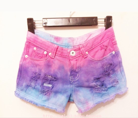 HARAJUKU topshop gradient color neon moben tassel tie-dyeing denim shorts