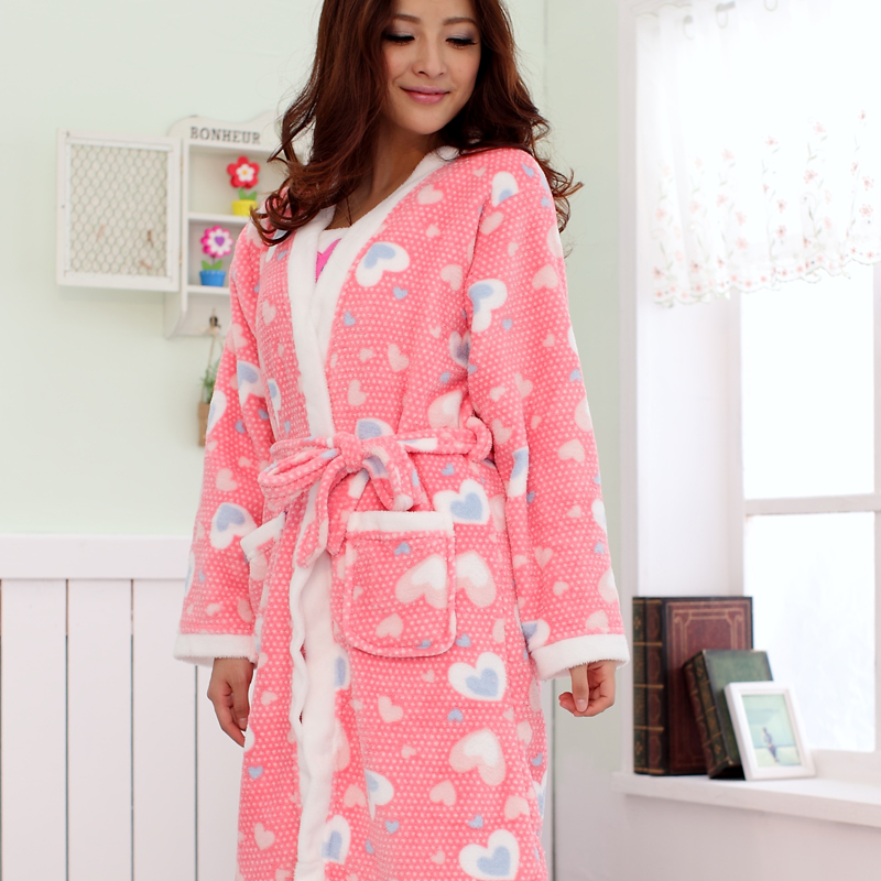 Heart coral fleece twinset robe women's heart sleepwear lounge Free delivery