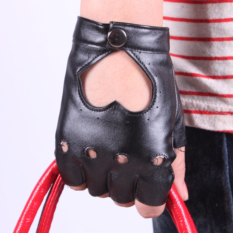 Heart racerback faux leather gloves black semi-finger women's PU half glove fashion