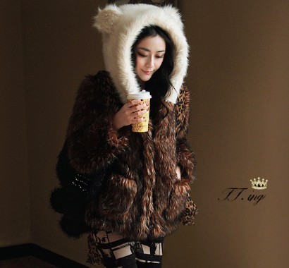 Heavly ear bear ear outerwear ladies fur coat lady Faux Fur winter faux fur coat with panda ear