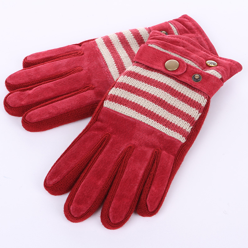 HENG YUAN XIANG winter female pigskin plus velvet thickening genuine leather gloves stripe yarn thermal gloves 18028