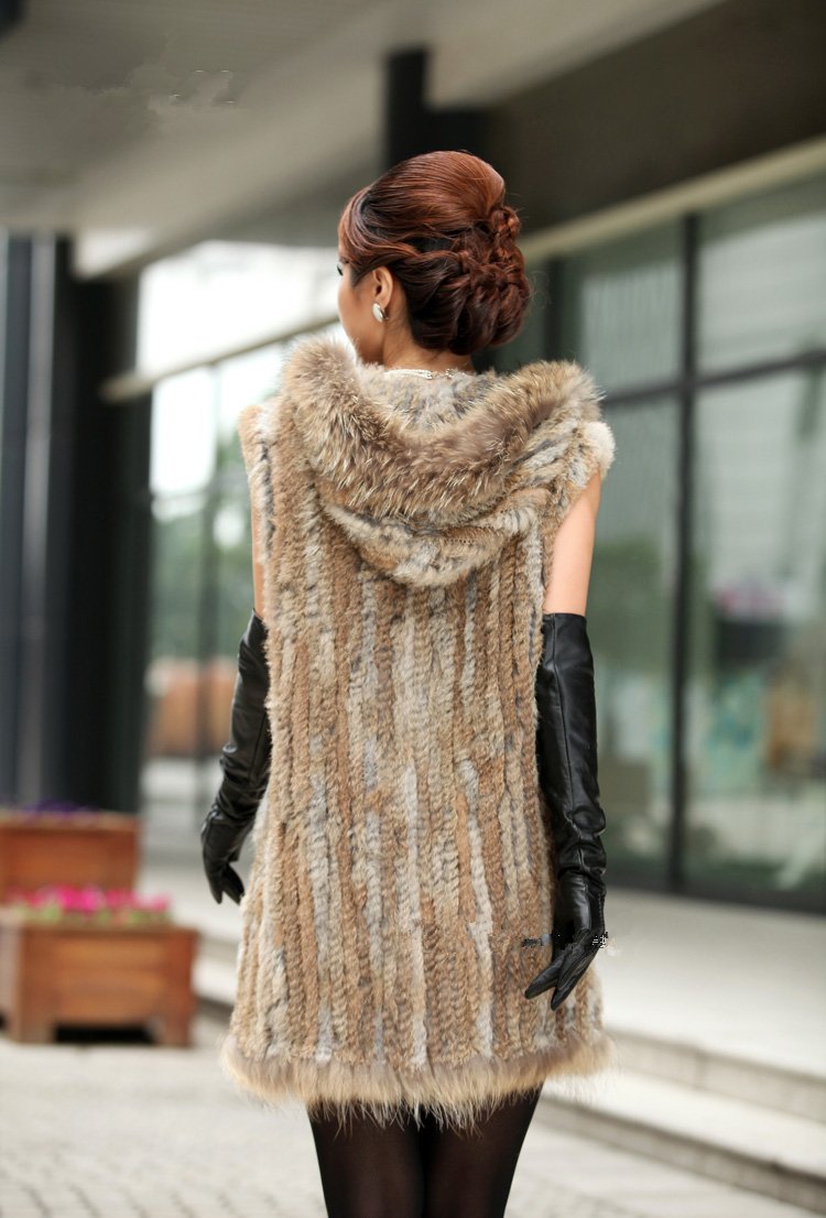 High Fashion 2012 New Factory Sale Rabbit Fur Coat with raccoon Dog Fur Collar Hoodies