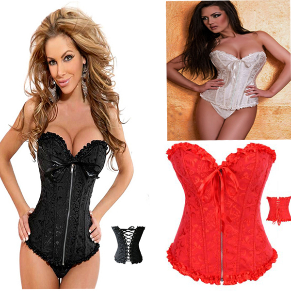 High Fashion Satin Boned Black/Red/White Corset,Sexy Lingerie,Lace Bustier with Matching Thong,plus size Overbust Corsets 4014