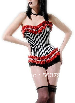 High Fashion Stripe with Ruffles Corset Hot Sale Sexy Lingerie Top Satin Bustier With G-string