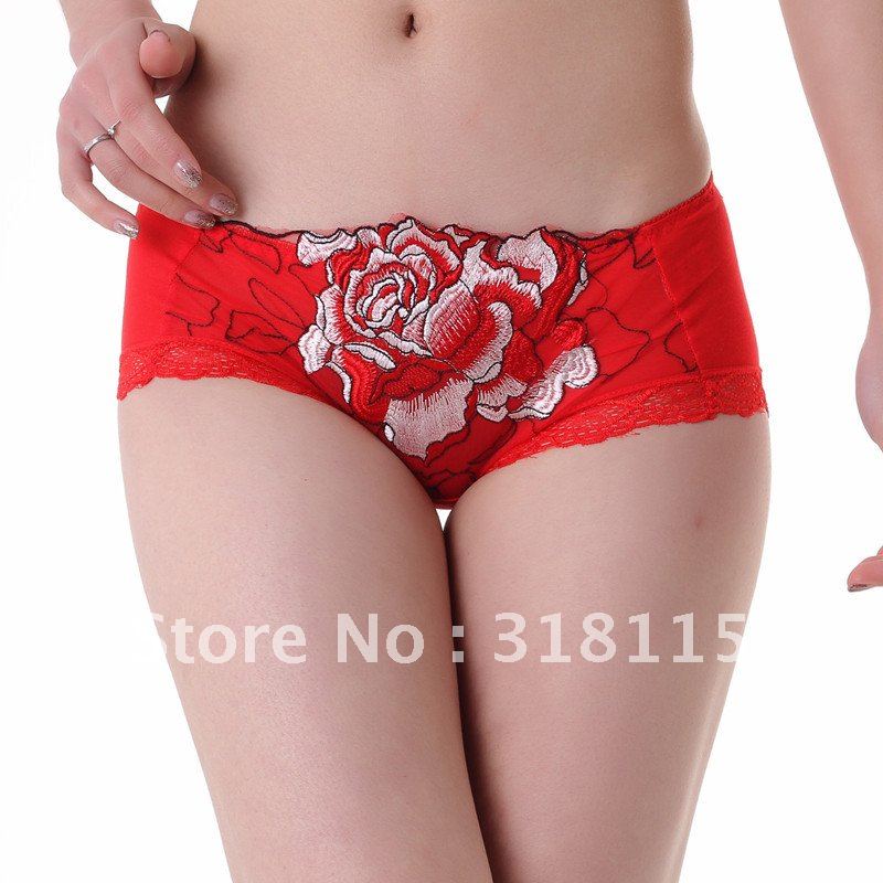 High-grade Bamboo Fiber Panties Peony Embroidery Sexy Lace Women's Underwear Briefs Knickers 900852-510008A Free shipping