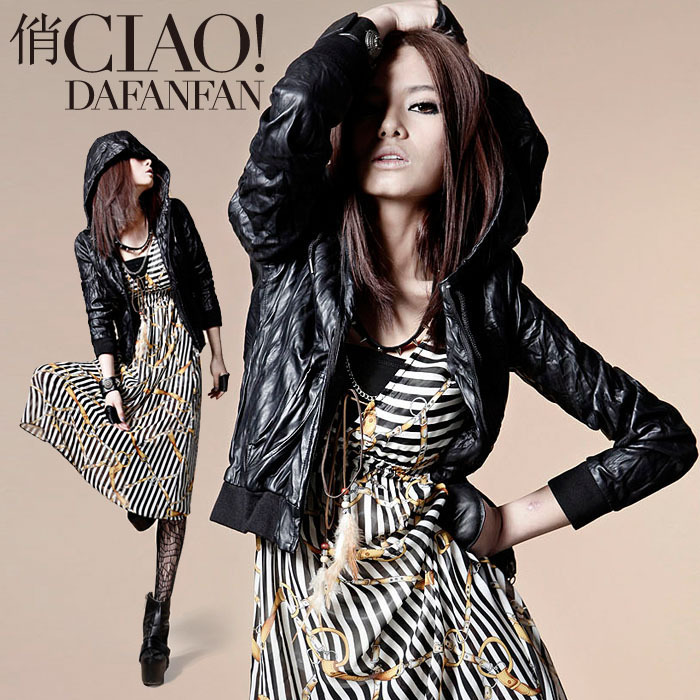 High Qaulity Ciao ! 2013 autumn fashion pleated with a hood slim female leather clothing short design female outerwear