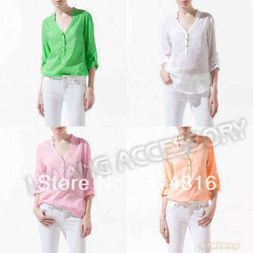 High Quality 1 piece/lot Cotton Blended V-Neck Full Sleeve Women Shirt Chiffon Stylish Blouse Four Colors S/M/L 650963