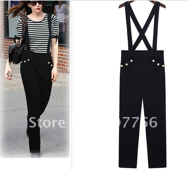 High quality 2012 autumn new fashion woman  strap trousers blue black  free shipping 5pcs