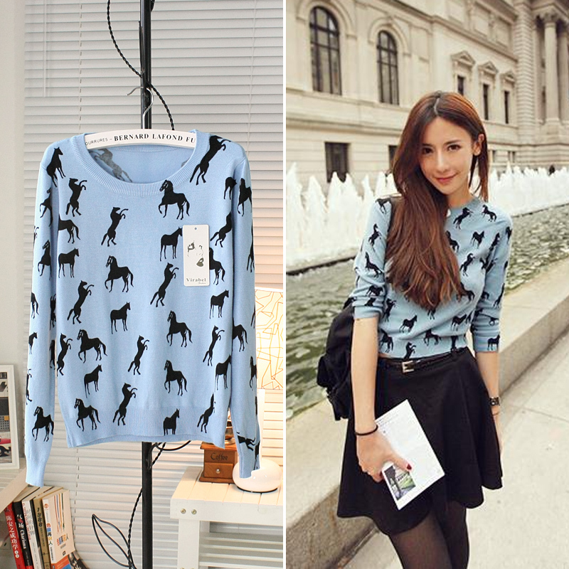 High Quality! 2012 Autumn/Winter Women's printed horse pattern pullover sweater blue/yellow MY0065 free shipping wolesale