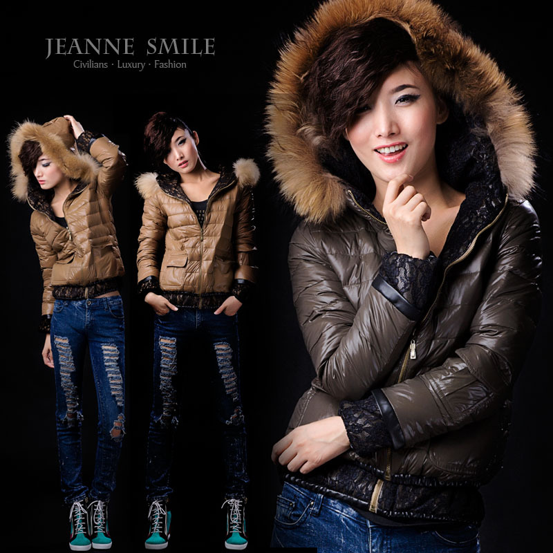 High-quality 2012 women's short design down coat lace decoration Fashion casual Lady fur collar winter down jacket free shipping