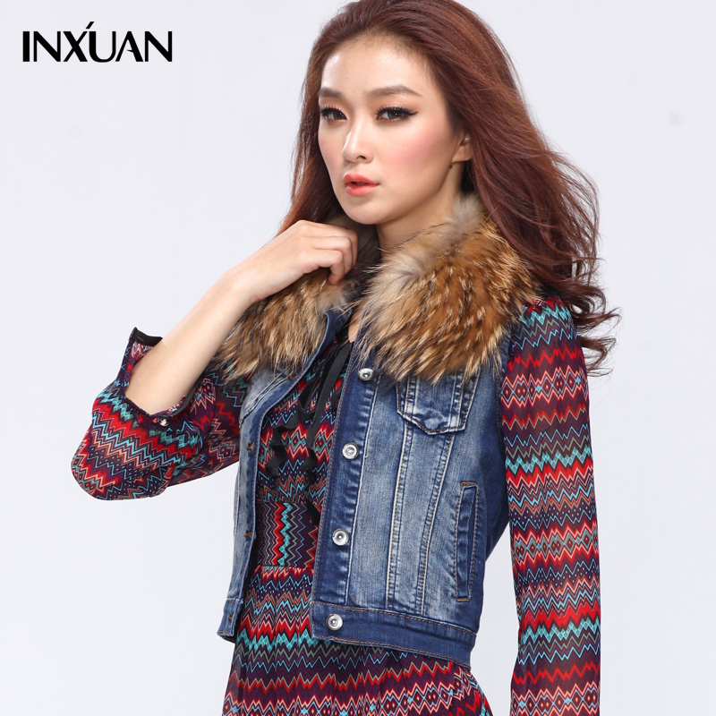 High Quality 2012 women's short design turn-down collar denim vest female fur collar vest