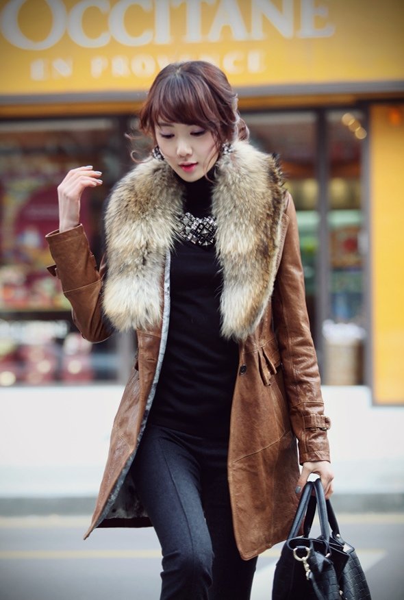 High Quality 2013 New Fashion Women Fur Coat  with Raccoon Wool Collar Jacket for Woman Lady Winter Warm Plus Size