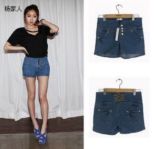 High quality ! 2013 summer vivi4 back strap single breasted high waist denim shorts