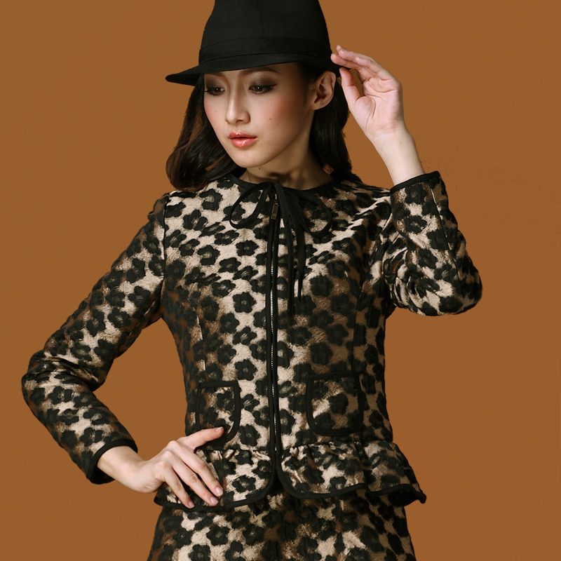 High quality advanced jacquard fabric leopard print o-neck lacing ruffle hem zipper coat skirt