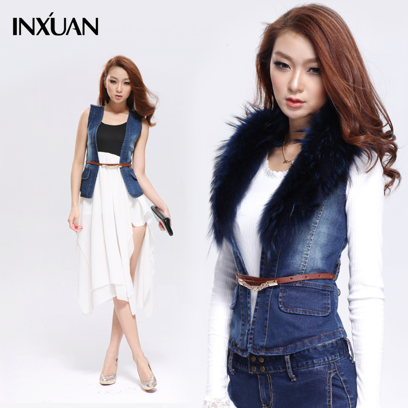 High Quality Autumn denim vest female vest fashion slim all-match women's fur collar