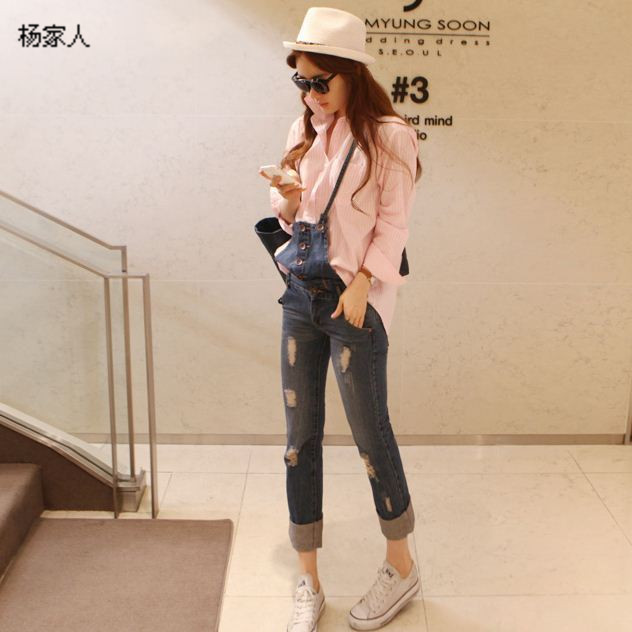 High quality ! Denim bib pants low-waist hole roll-up hem suspenders jeans detachable suspenders two ways skinny jeans