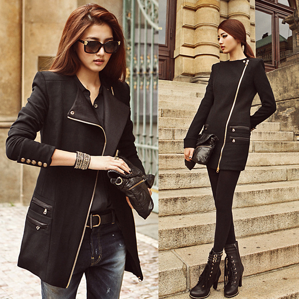 High quality draw senior wool woven leather oblique zipper trench female outerwear