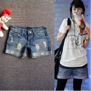 High quality edition hole roll-up hem vintage plus size denim shorts female autumn loose mm thin single-shorts