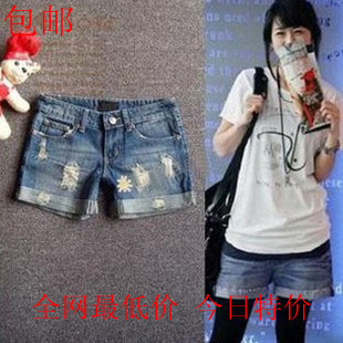 High quality edition hole roll-up hem vintage plus size denim shorts female autumn loose mm thin single-shorts