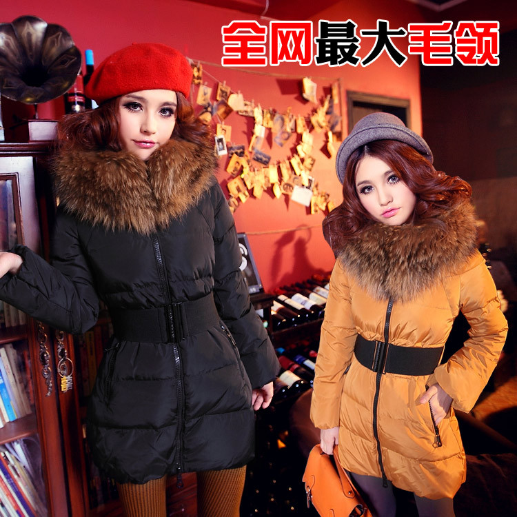 High quality fashion down coat female medium-long raccoon large fur collar slim