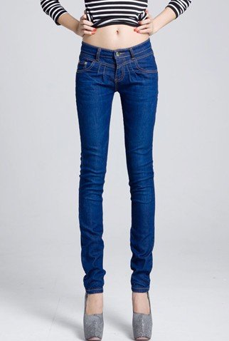 High Quality Fashion High Waist Pure Color Jean Pant Blue Free Shipping