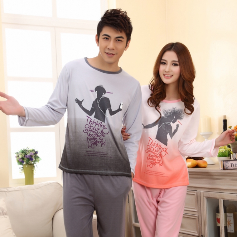 High quality fashion lovers knitted cotton lounge male women's long-sleeve sleepwear