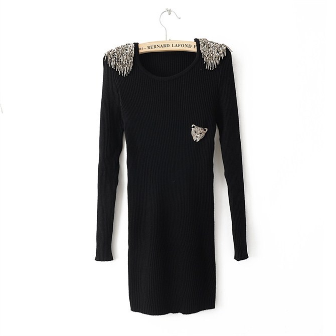 High quality fashion o-neck long-sleeve tassel paillette epaulette leopard head brooch slim medium-long basic sweater