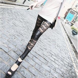 High quality faux leather patchwork lace cutout legging plus size slim ankle length trousers female k609