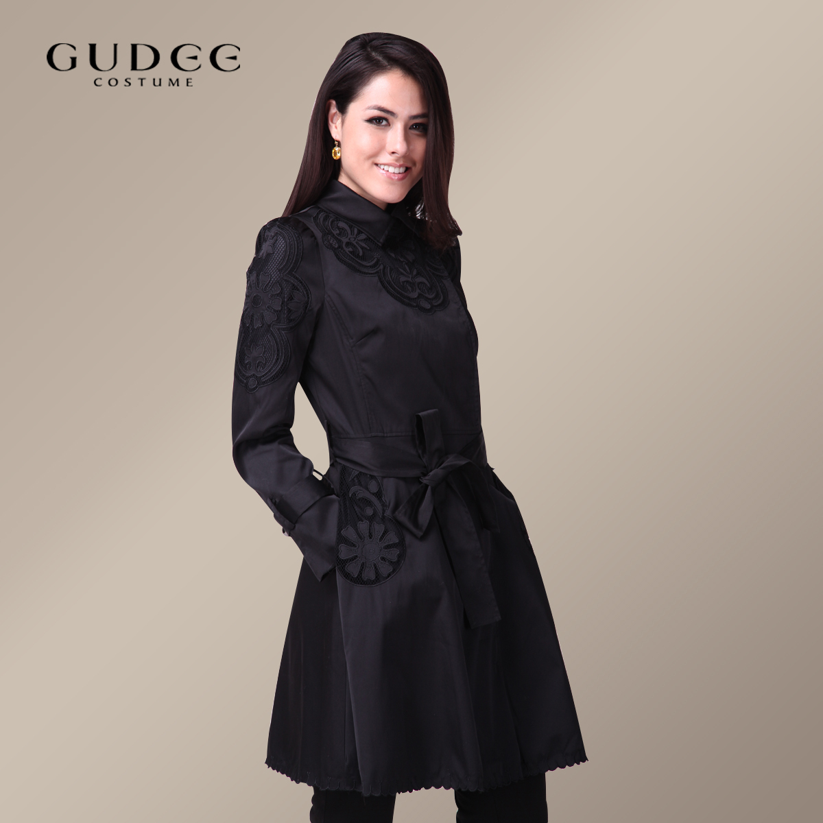 High quality gudee2012 cutout embroidery big round swing long-sleeve brief black khaki trench