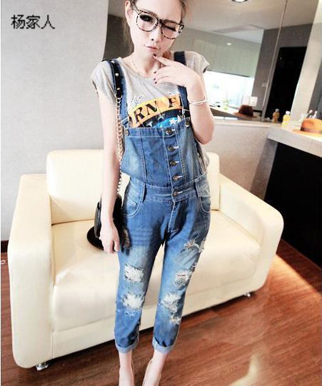 High quality ! Hole jeans trousers roll-up hem deteachable suspenders pants pencil pants casual pants