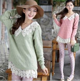 High Quality Hollow V-neck sweater,fashion Lace pure color medium style Pullovers knit ,free shipping  C0035