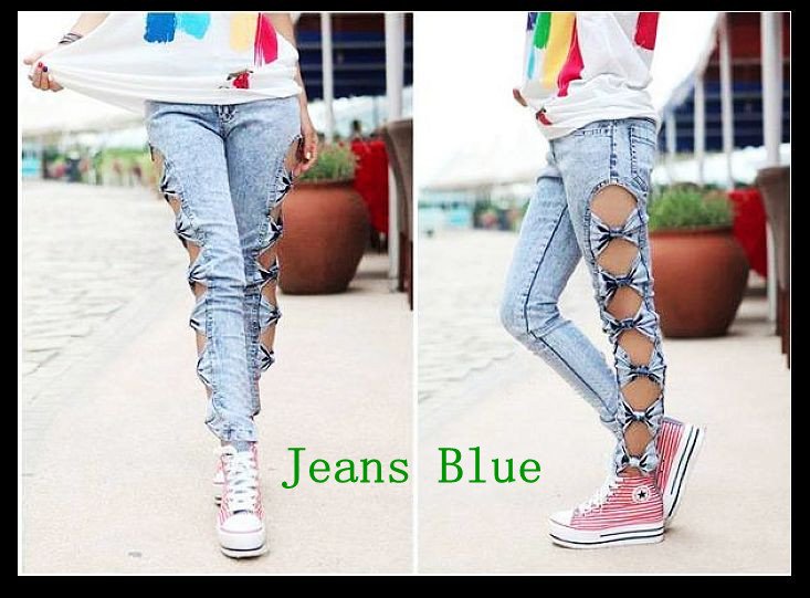 High Quality Jeggings Trousers Side hollow out bowknot Jeans free shipping XC-13  5colours size S M L