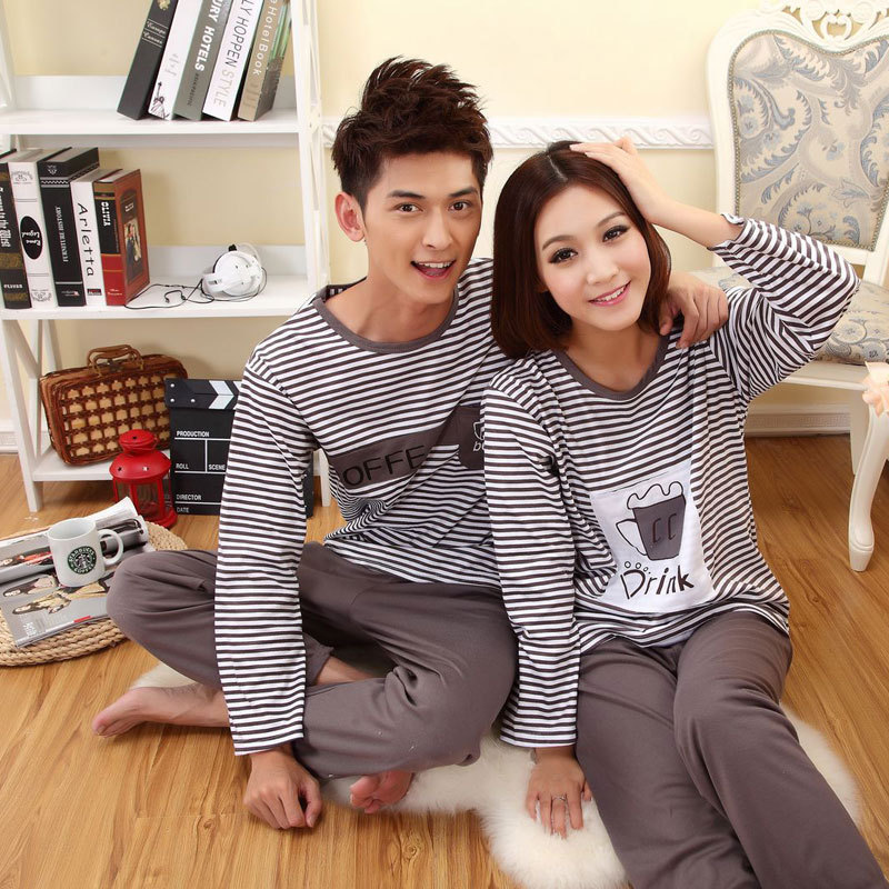 High quality long-sleeve stripe coffee lovers sleepwear lounge autumn and winter knitted cotton set