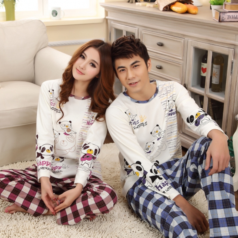 High quality lovers knitted cotton lounge spring and autumn male women's long-sleeve sleepwear