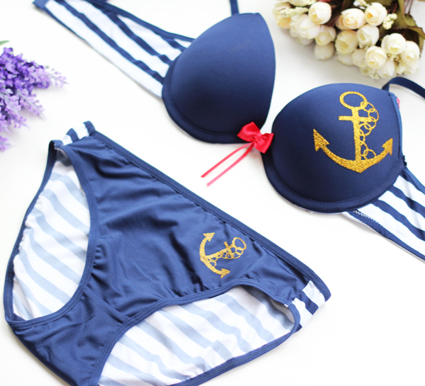 High quality Marine stripe print on brassiere women bra set with underwear cute bras free shipping