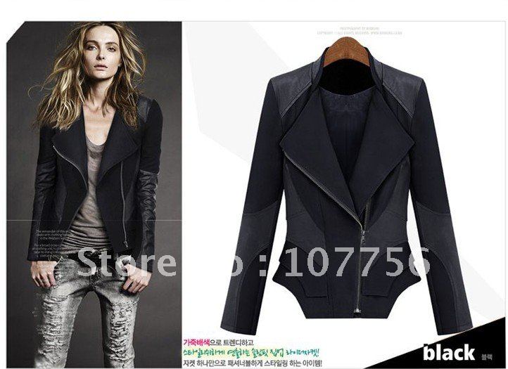 High quality new winter christmas fashion woman splicing slim leather jackets black white free shipping