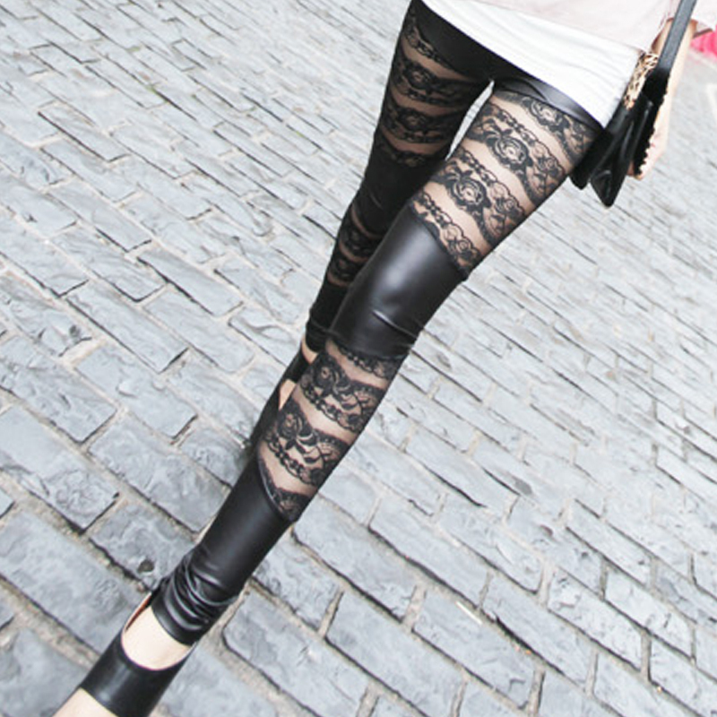 High quality personalized lace legging faux leather horizontal stripe double ankle length legging