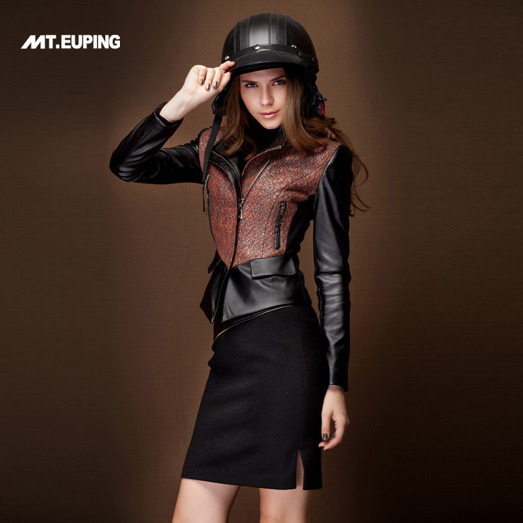 High quality product 2013 spring knitted patchwork women's leather clothing black pencil skirt set