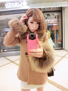 High quality raccoon fur horn button woolen overcoat outerwear female fur collar trench