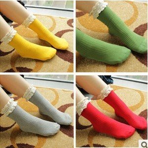 High Quality Retro stripes the cotton piles of socks Forest Department candy-colored Japanese socks lace socks female 7 colors