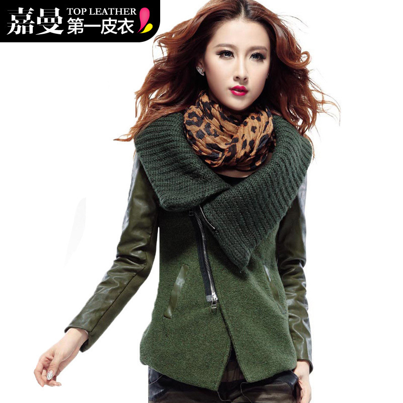 High quality series 2012 outerwear large lapel knitted patchwork water washed leather woolen overcoat outerwear