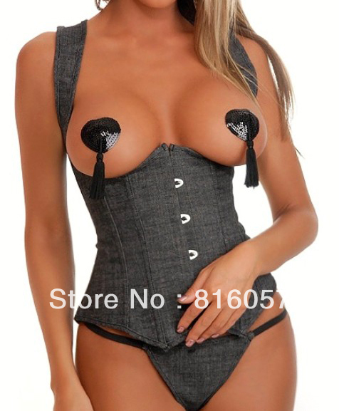 HIGH quality Sexy black denim underbust corset Women party costume sexy bodysuit lingerie Wholesale retail